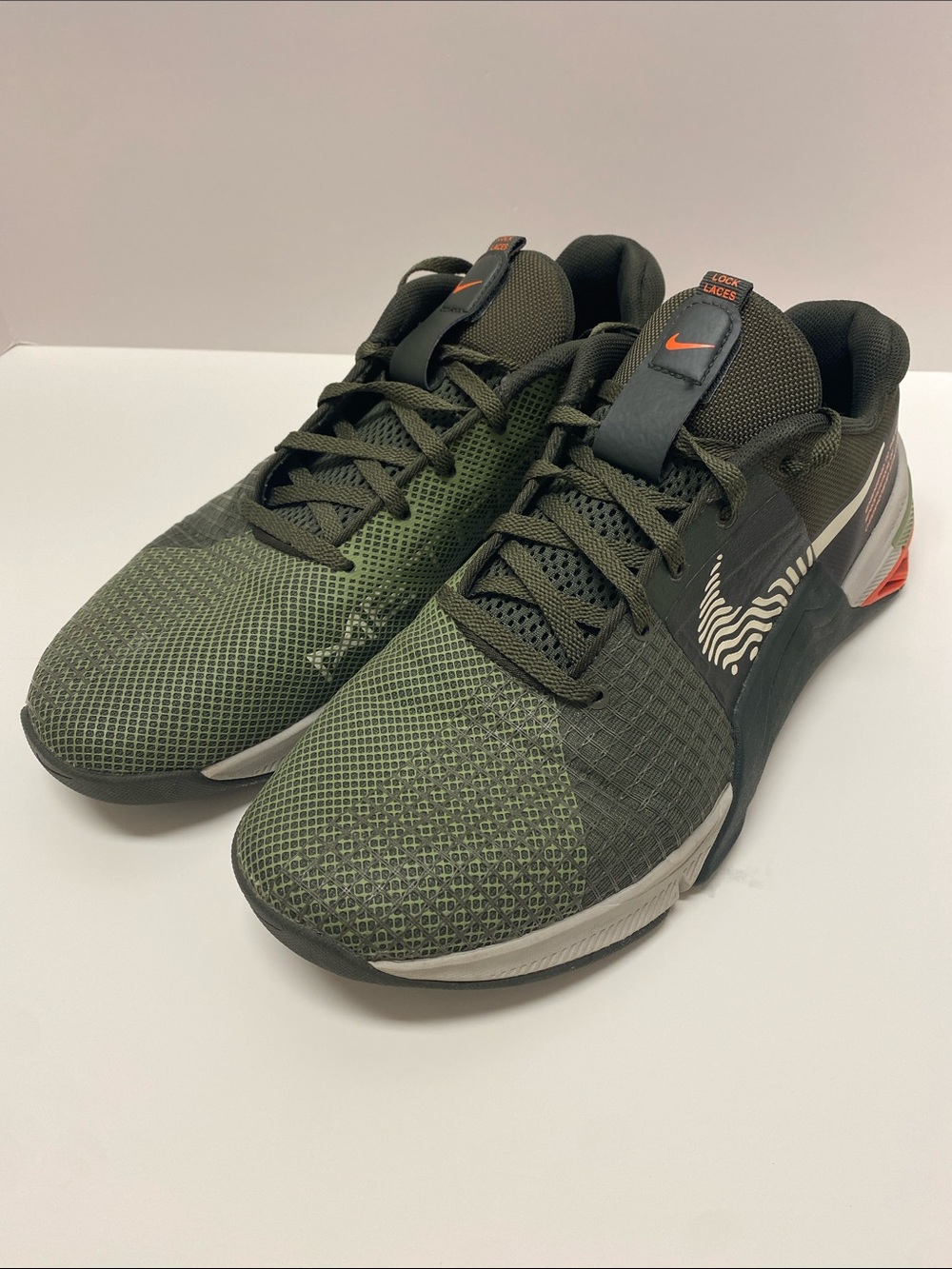 Nike Metcon 8 Olive Green Shoes with Orange Accents